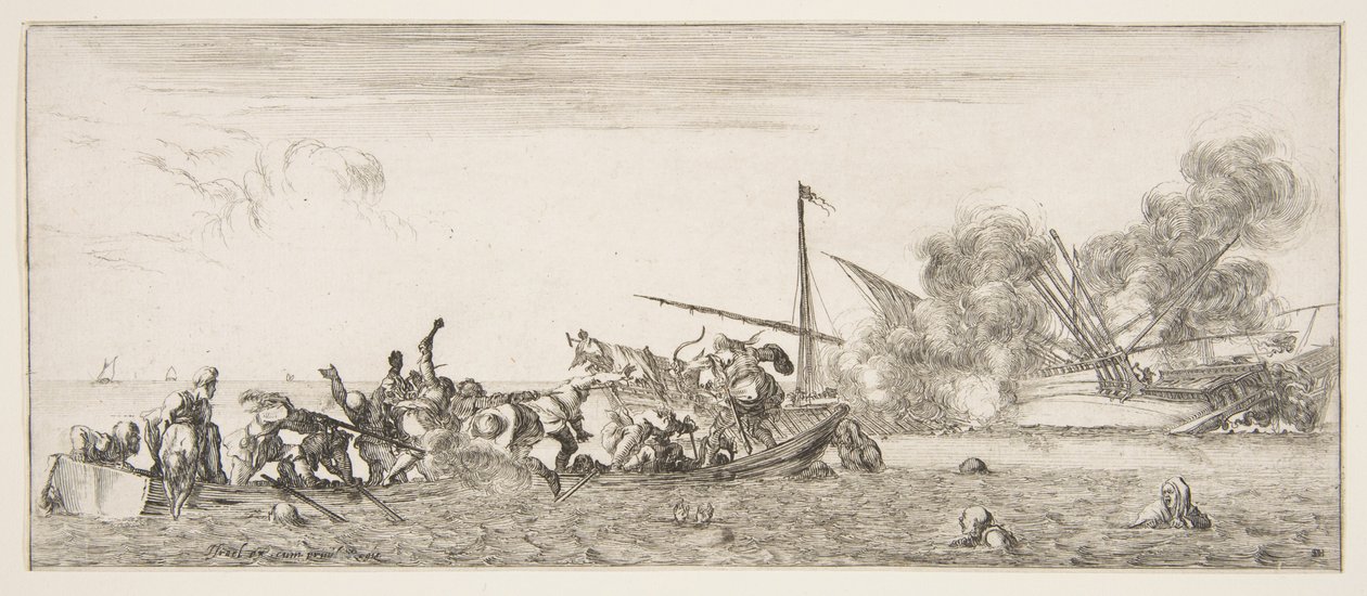 Námořní bitva, veslice plná lidí bojujících s mušketami nalevo, lidé se topí..., ca. 1641. od Stefano della Bella