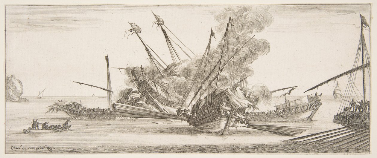 Námořní boj, loď uprostřed, při pohledu zezadu, střílející na čtyři nepřátelské lodě, další..., ca. 1641. od Stefano della Bella
