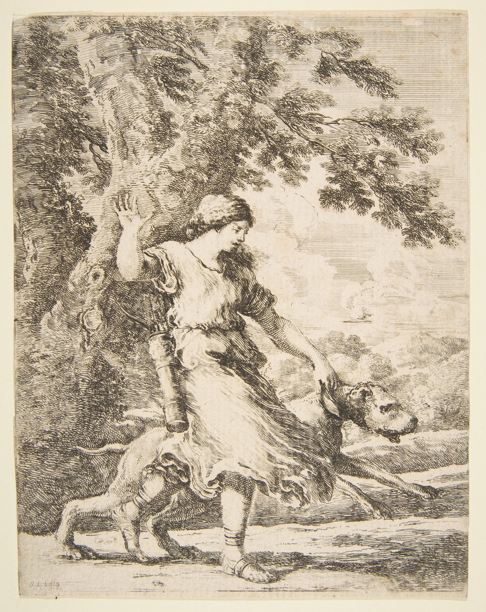 Nymfa drží velkého psa za obojek, ca. 1654. od Stefano della Bella