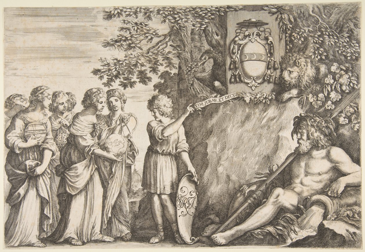 Návrh ornamentu pro diplomovou práci, nahoře erb Strozzi, ca. 1660. od Stefano della Bella
