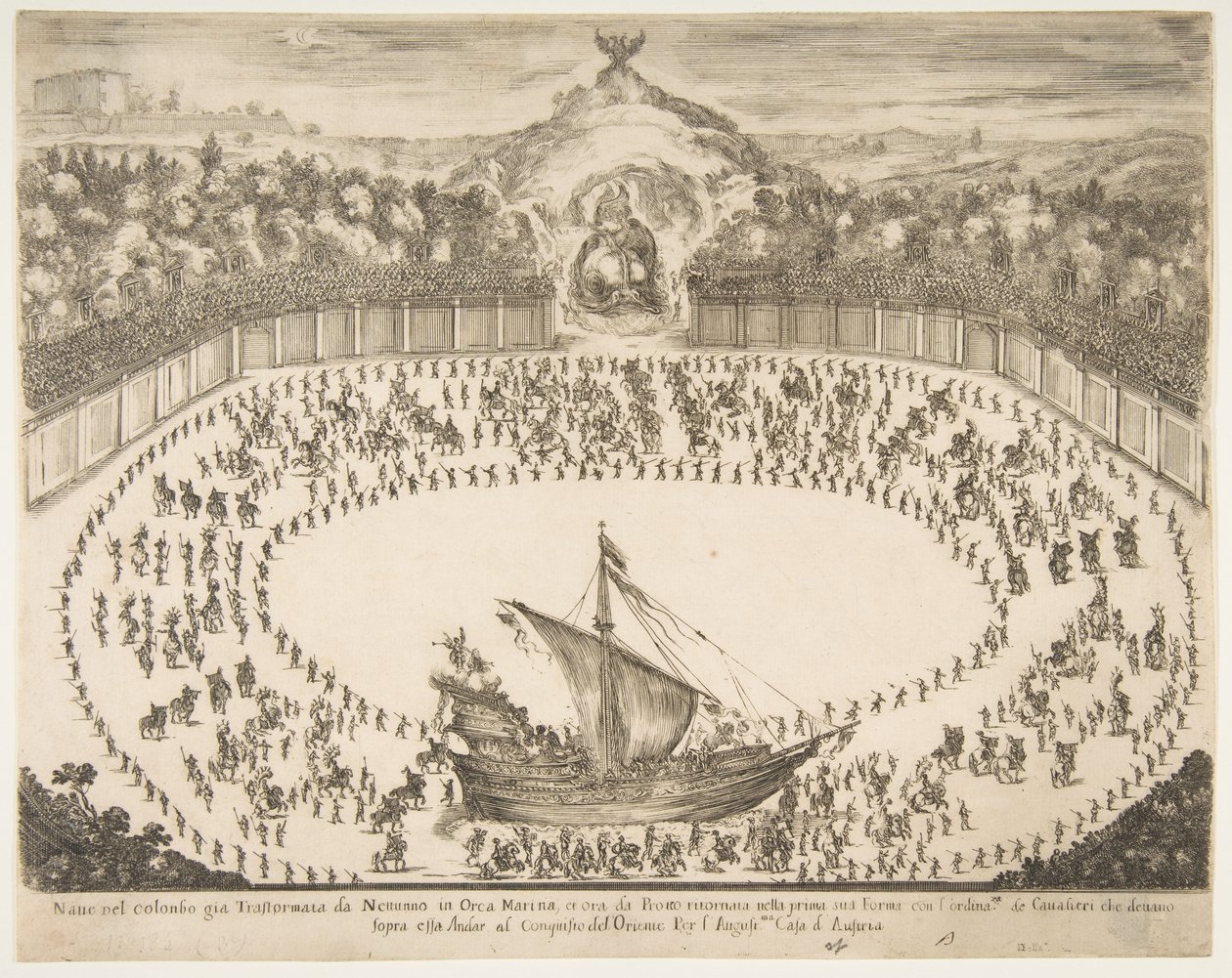 Průvodní plovák v podobě lodi, nahoře erb velkovévody z Modeny, 1652. od Stefano della Bella