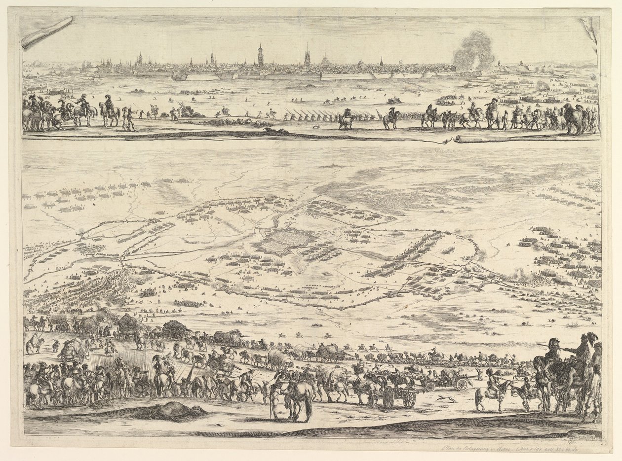 Plán a pohled na obléhání Arrasu: spodní část desky s topografickým pohledem s..., 1641. od Stefano della Bella