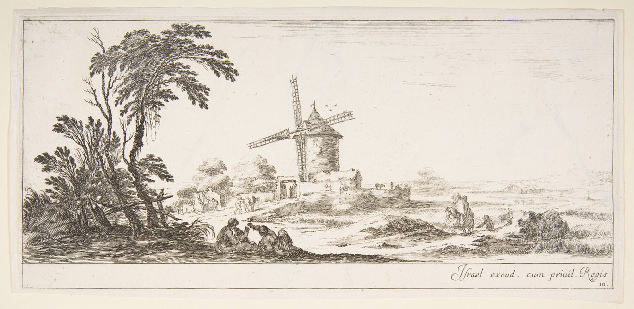 Talíř 10: rodina uprostřed popředí, různé postavy a koně uprostřed,..., ca. 1641. od Stefano della Bella