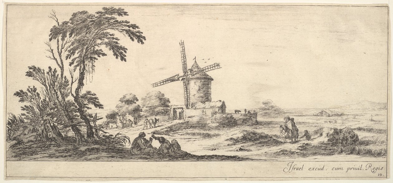 Talíř 10: rodina uprostřed popředí, různé postavy a koně uprostřed,..., ca. 1641. od Stefano della Bella