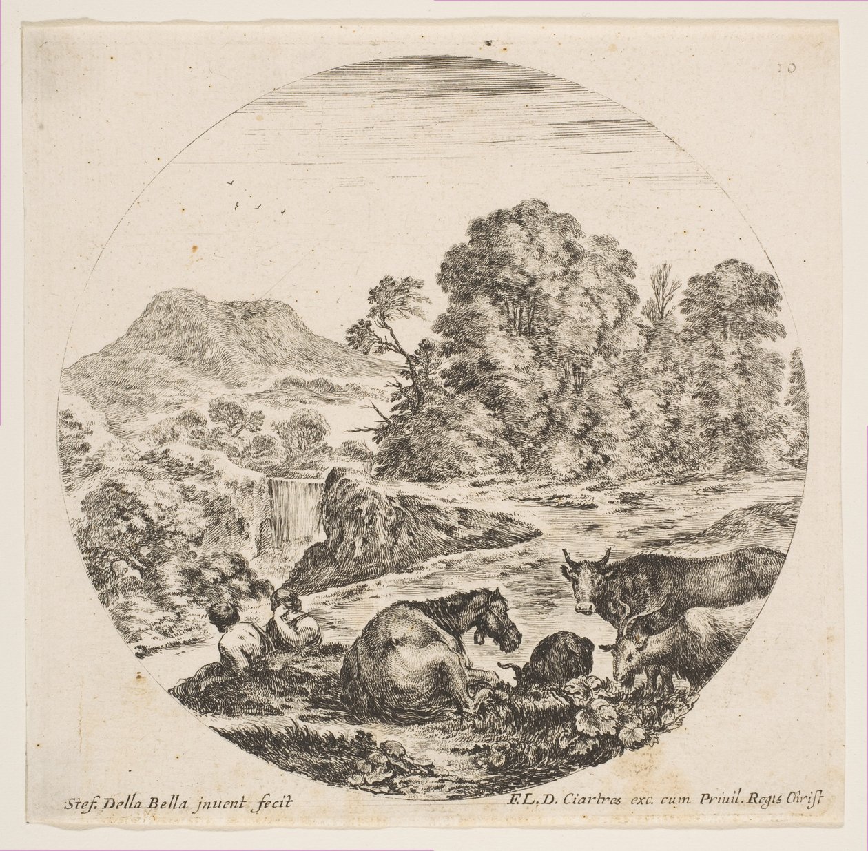 Talíř 10: kůň ležící uprostřed, kráva a dvě kozy vpravo, dva sedící ovčák..., ca. 1646. od Stefano della Bella