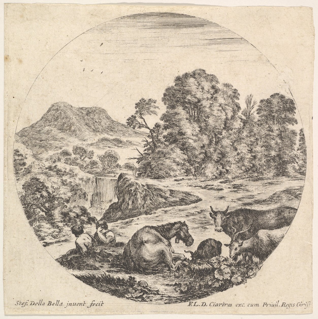 Talíř 10: kůň ležící uprostřed, kráva a dvě kozy vpravo, dvě sedící kozy..., ca. 1643-48. od Stefano della Bella