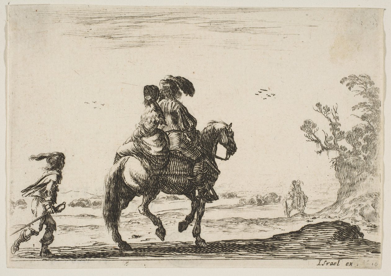 Deska 10: jezdec a žena, při pohledu zezadu, jedoucí vpravo s mladým ..., 1642. od Stefano della Bella