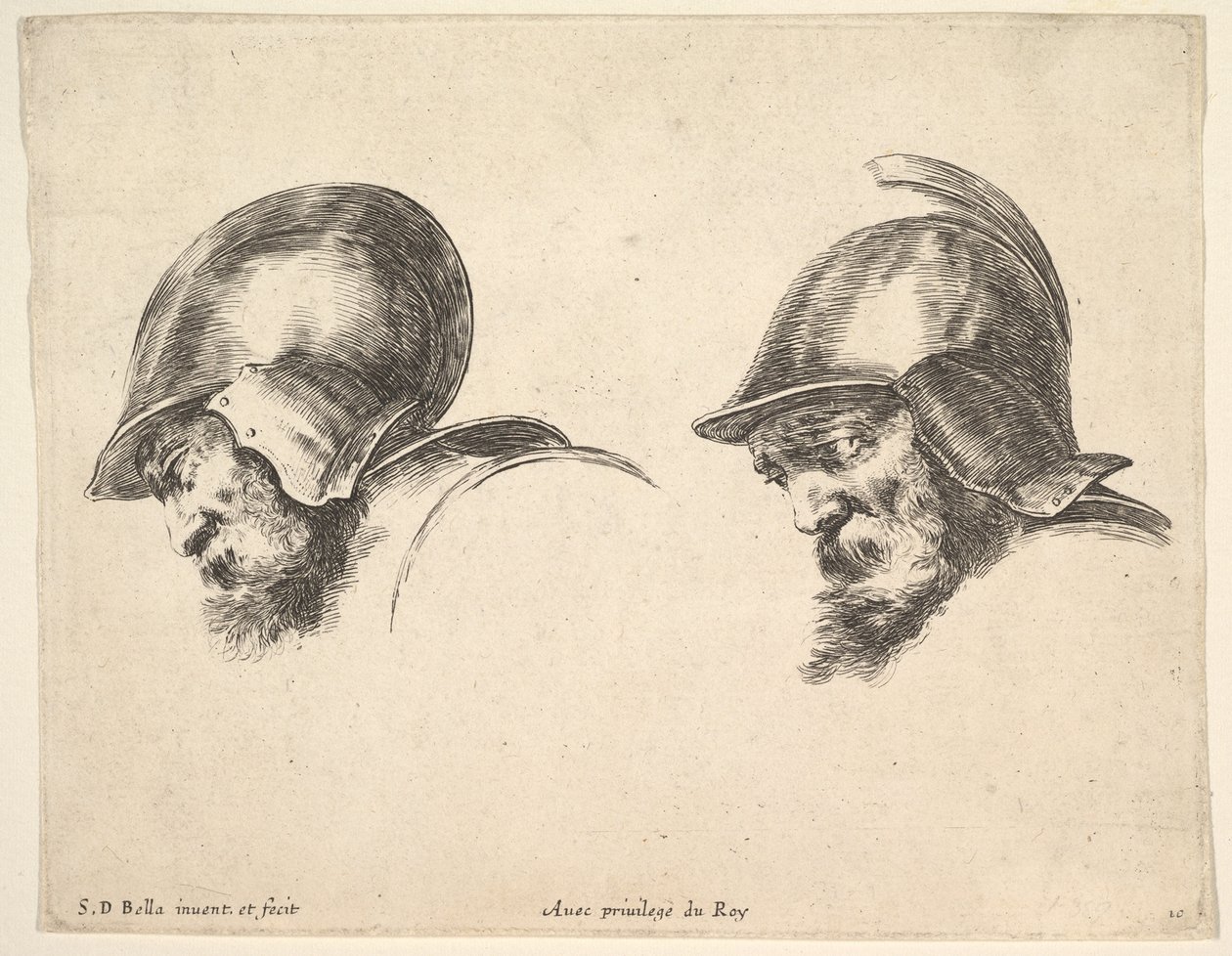 Talíř 10: dvě hlavy starých vojáků s přilbami, obě hledící doleva a dívající se dolů..., ca. 1641. od Stefano della Bella