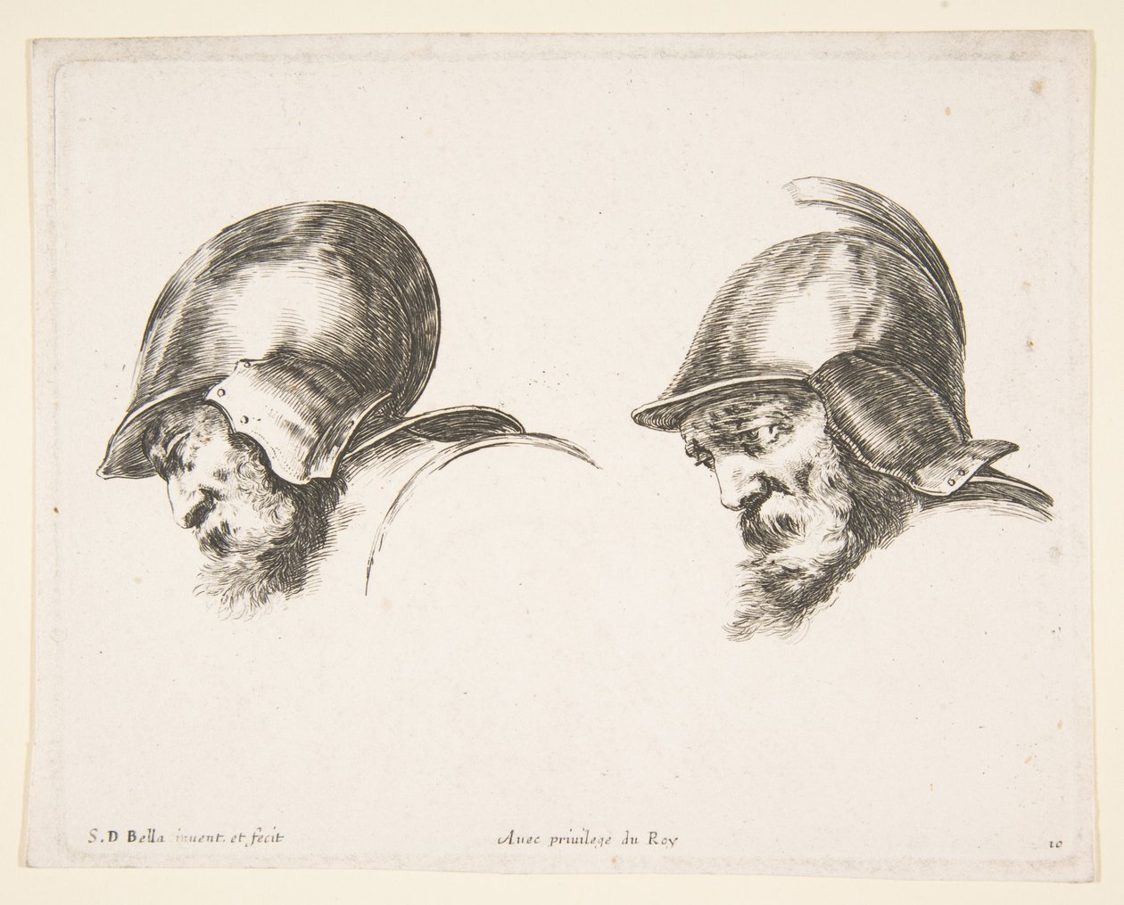 Talíř 10: dvě hlavy starých vojáků s přilbami, obě hledící doleva a dívající se dolů..., ca. 1641. od Stefano della Bella