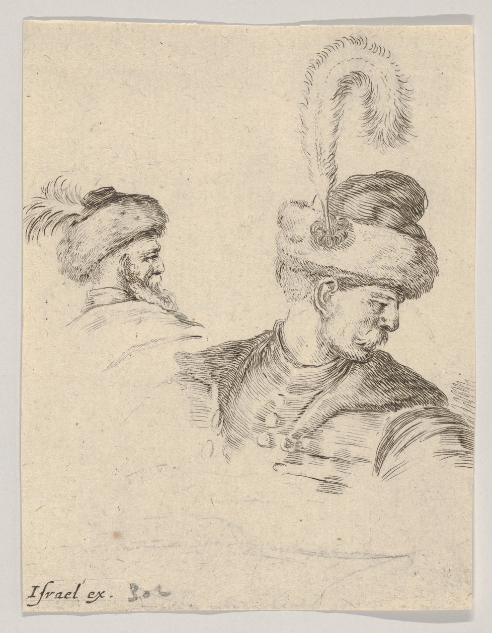 Deska 11: Polská busta z profilu, otočená doprava, další polská hlava při pohledu od..., ca. 1649. od Stefano della Bella