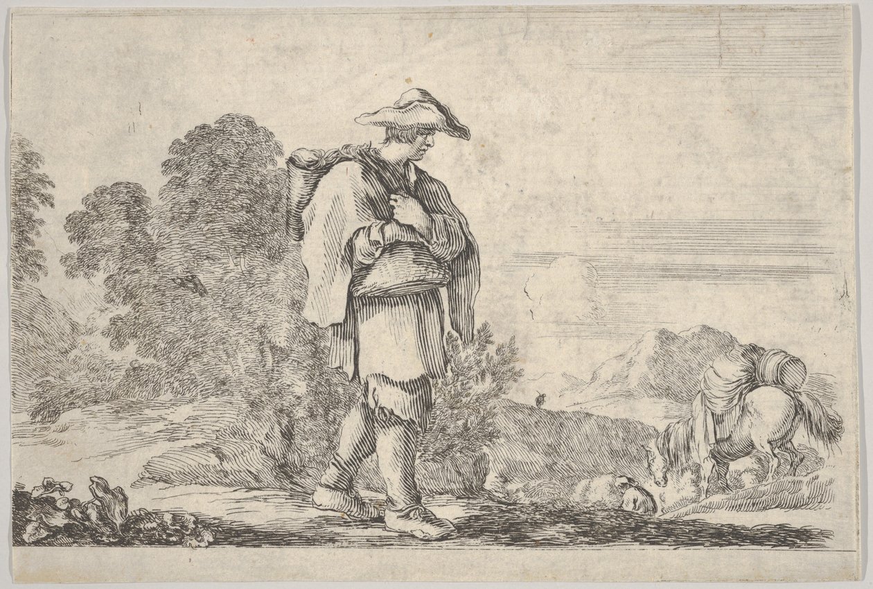 Talíř 11: rolník s kloboukem uprostřed, kráčí doprava, sestup koně..., ca. 1641. od Stefano della Bella