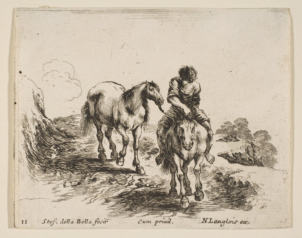Talíř 11: mladý jezdec, viděný zepředu, vede jiného koně, od Diver..., ca. 1644-47. od Stefano della Bella