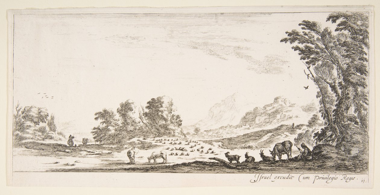 Talíř 11: pastýřka sedící vpravo pod stromem, pozorující své stádo vlevo..., ca. 1641. od Stefano della Bella