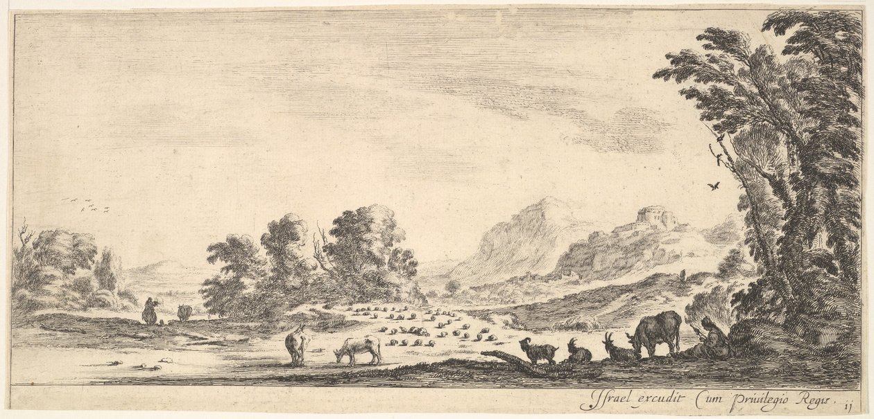Talíř 11: pastýřka sedící vpravo pod stromem, pozorující své stádo vlevo..., ca. 1641. od Stefano della Bella
