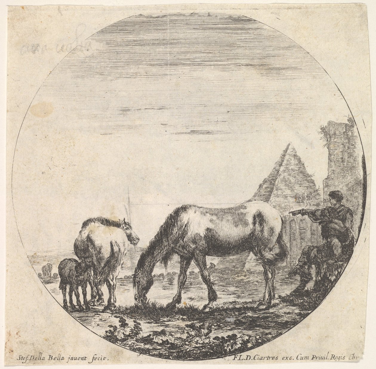 Deska 11: pyramida Caia Cestia vpravo v pozadí, pasoucí se kůň ..., ca. 1643-48. od Stefano della Bella