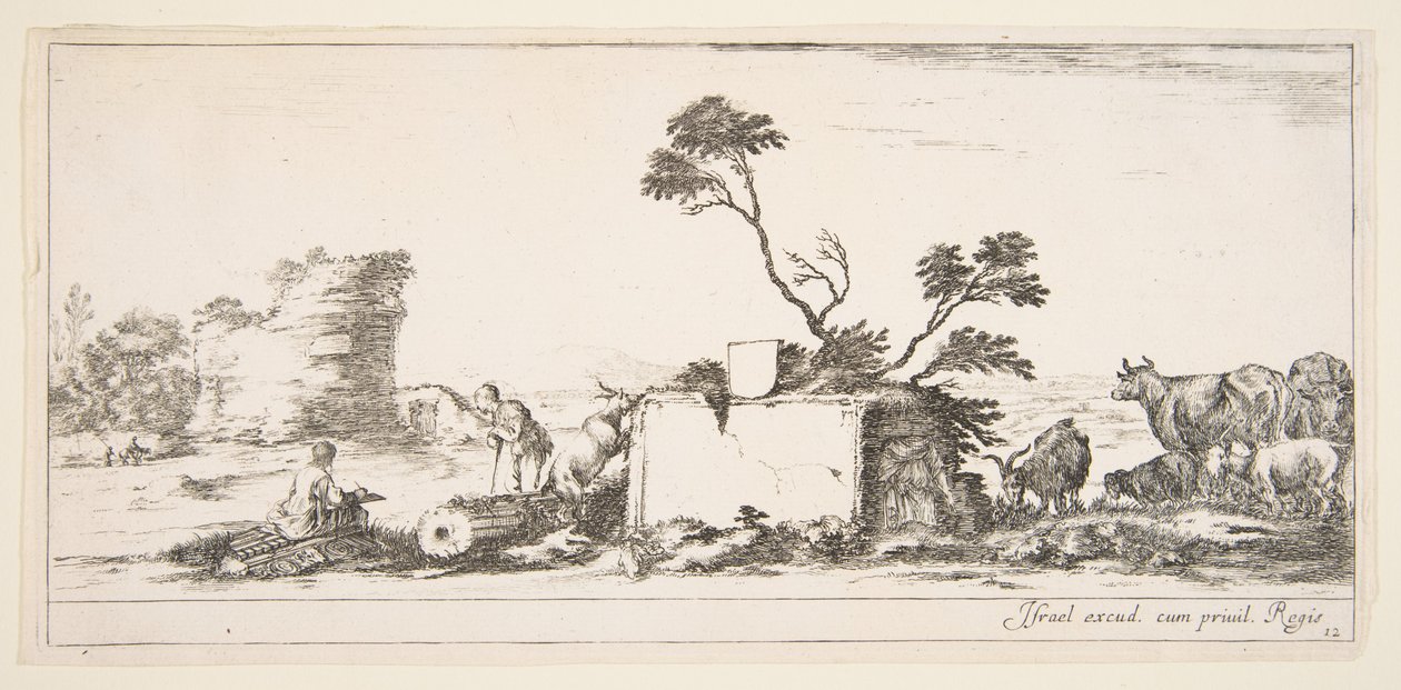 Talíř 12: sedící kreslíř vlevo, stojící pastýř vedle něj vpravo, ruina..., ca. 1641. od Stefano della Bella