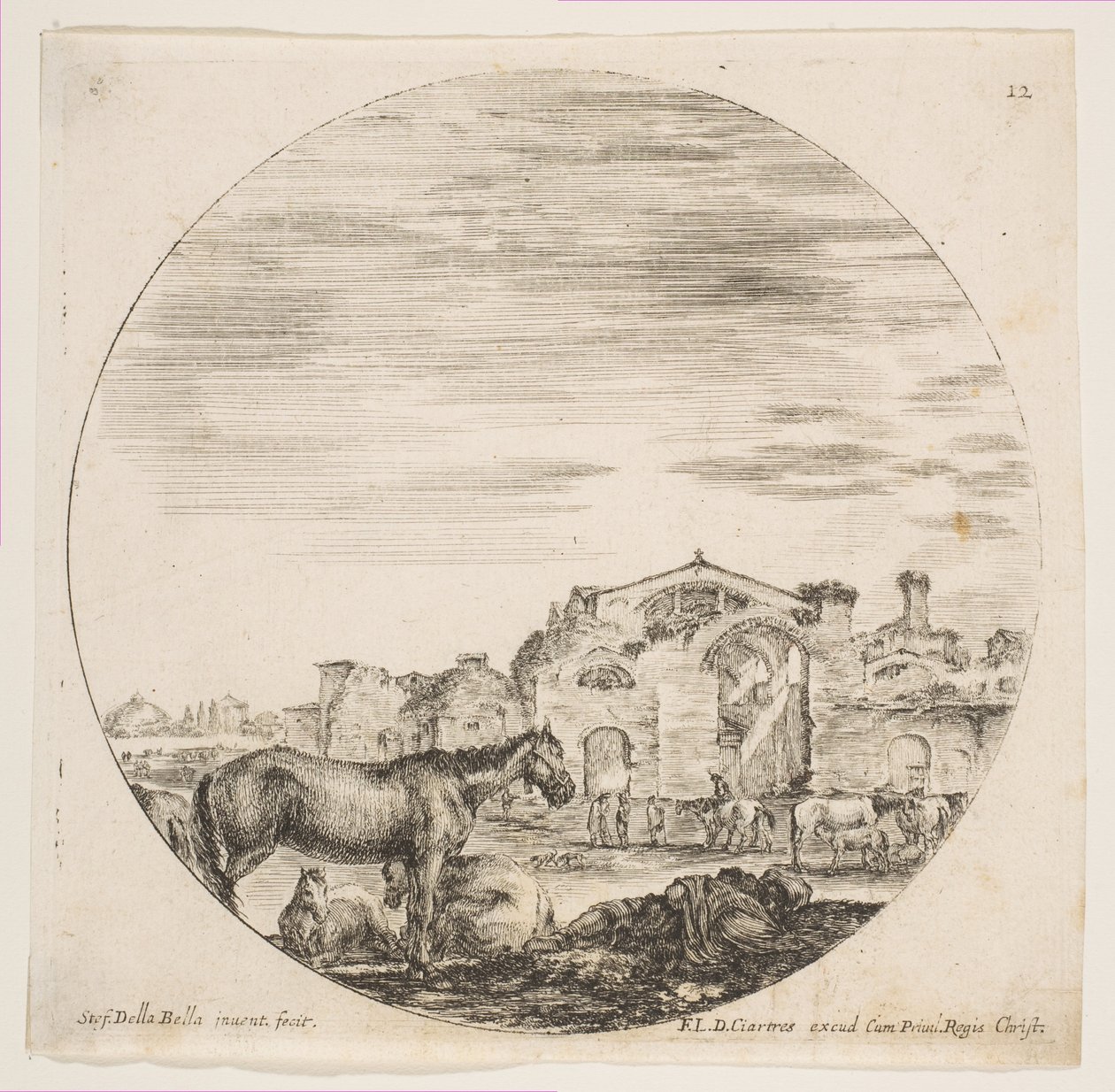 Talíř 12: ovčák spí na zemi vpravo, tři koně vlevo, další koně..., ca. 1646. od Stefano della Bella