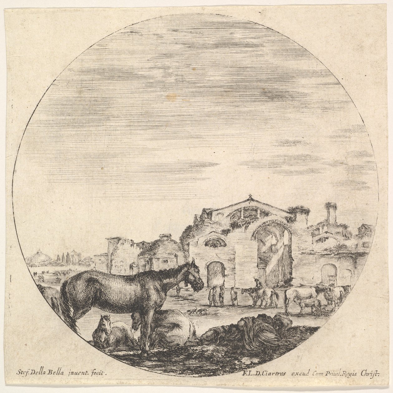 Talíř 12: ovčák spí na zemi vpravo, tři koně vlevo, další h..., ca. 1643-48. od Stefano della Bella