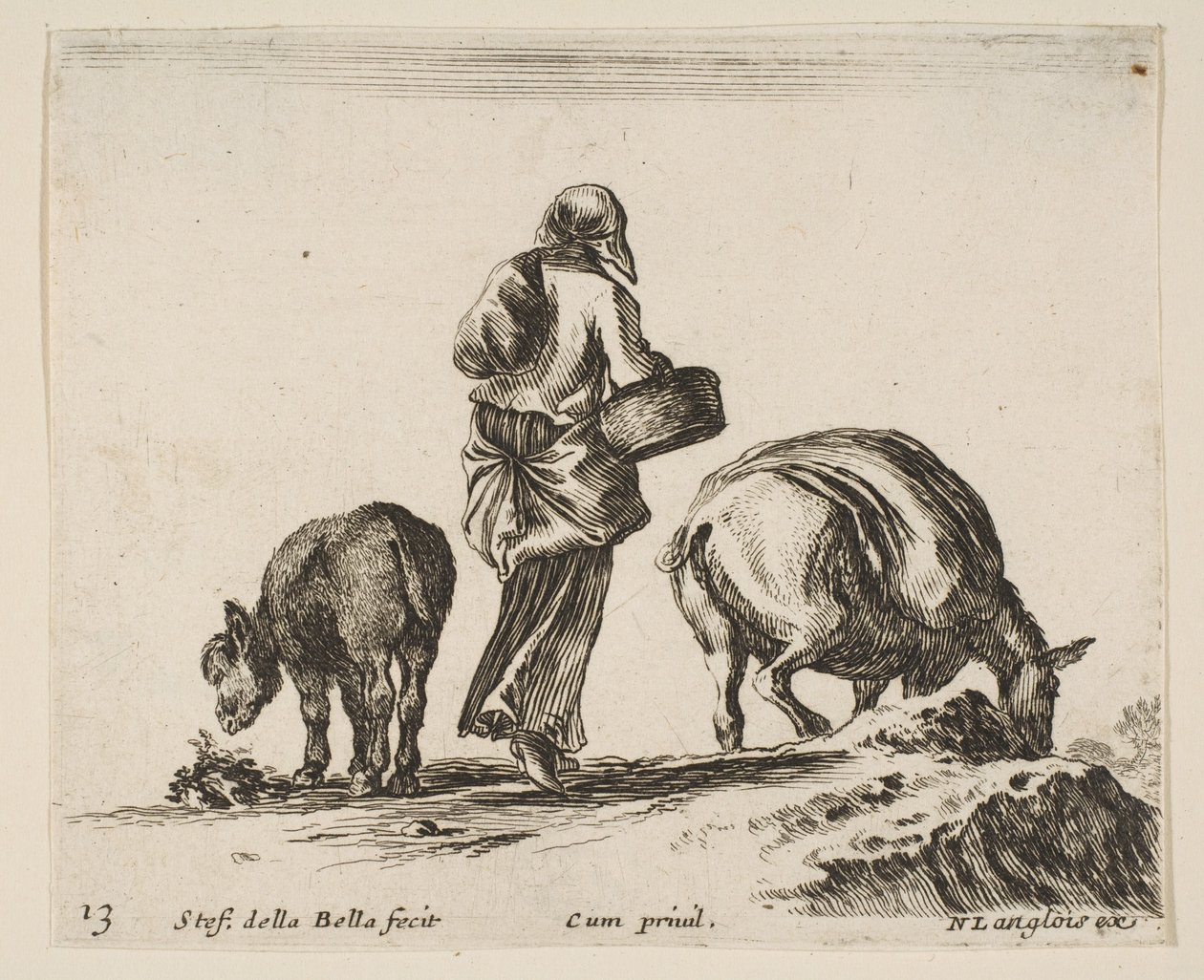 Talíř 13: selka, při pohledu zezadu, držící košík uprostřed, osel..., ca. 1644-47. od Stefano della Bella