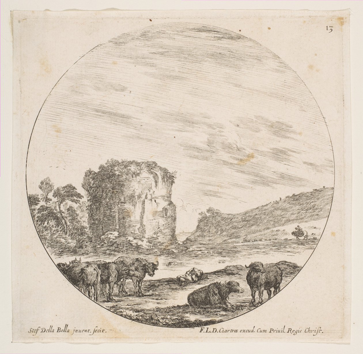 Deska 13: ruiny chrámu v římské krajině, z římských krajin a ruin P..., ca. 1646. od Stefano della Bella