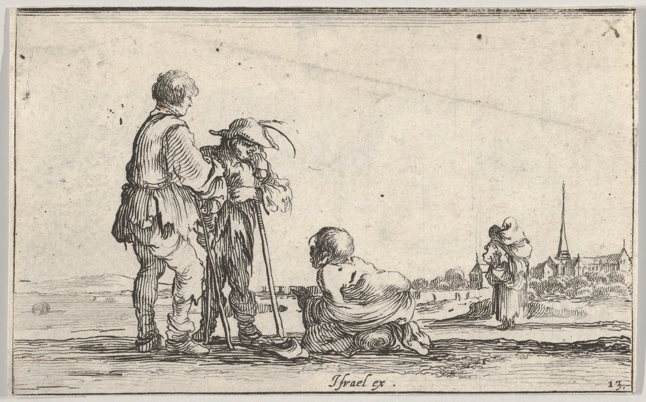 Talíř 13: dva rolníci stojící vlevo, mrzák klečící na zemi uprostřed, a..., ca. 1642. od Stefano della Bella