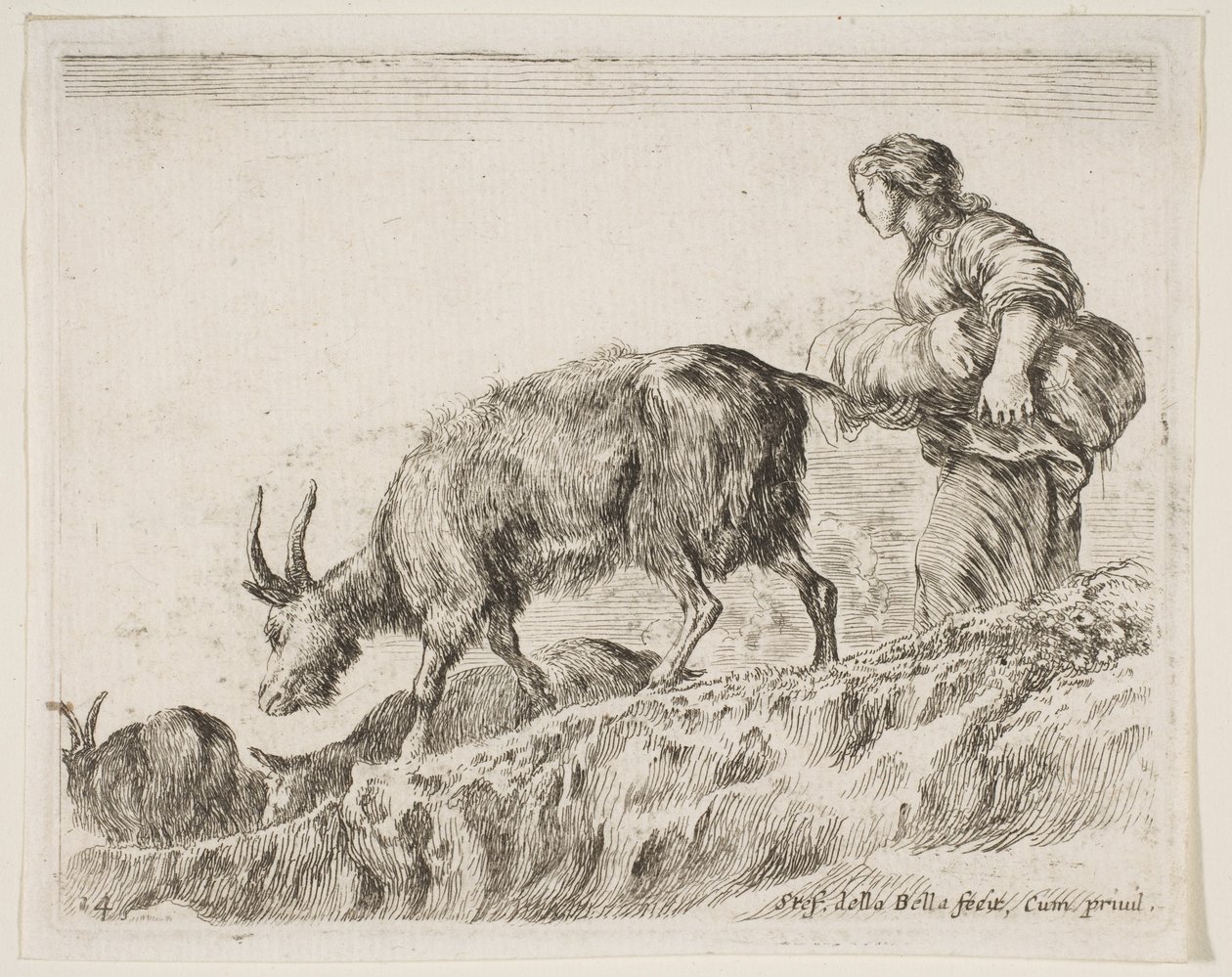 Deska 14: pastýřka pasoucí kozy, z Různá zvířata Diversi animali, ca. 1641. od Stefano della Bella