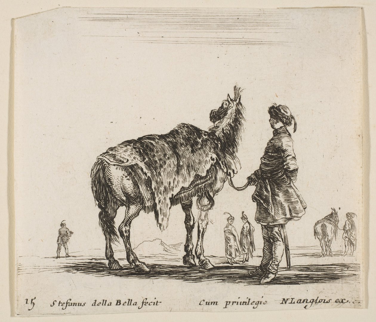 Talíř 15: Polský šlechtic, odvrácený, drží svého koně pokrytého leopardí kůží..., ca. 1644-47. od Stefano della Bella