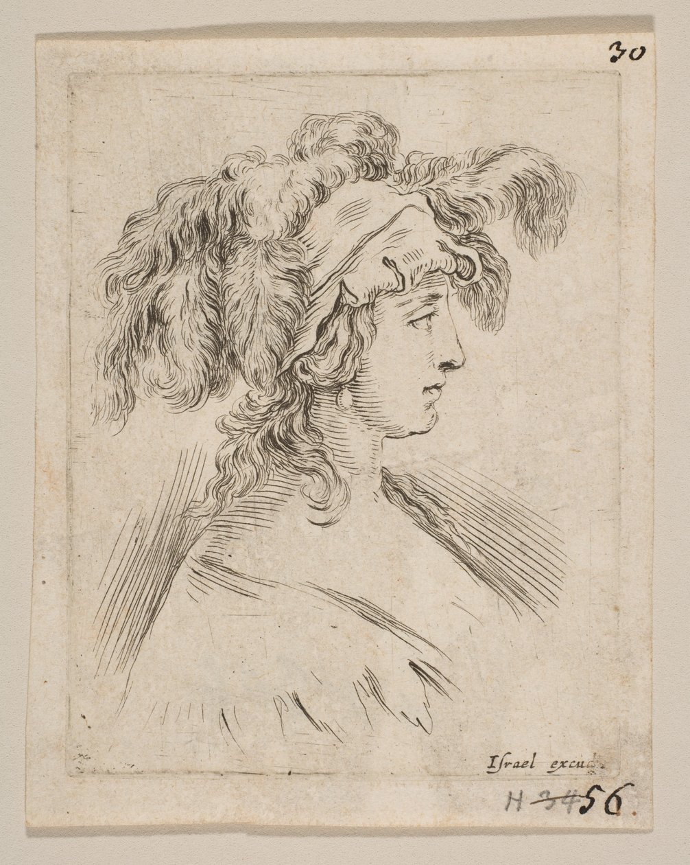 Talíř 15: střední poprsí mladé ženy z profilu s kloboukem zakončeným peřím, z..., ca. 1649. od Stefano della Bella