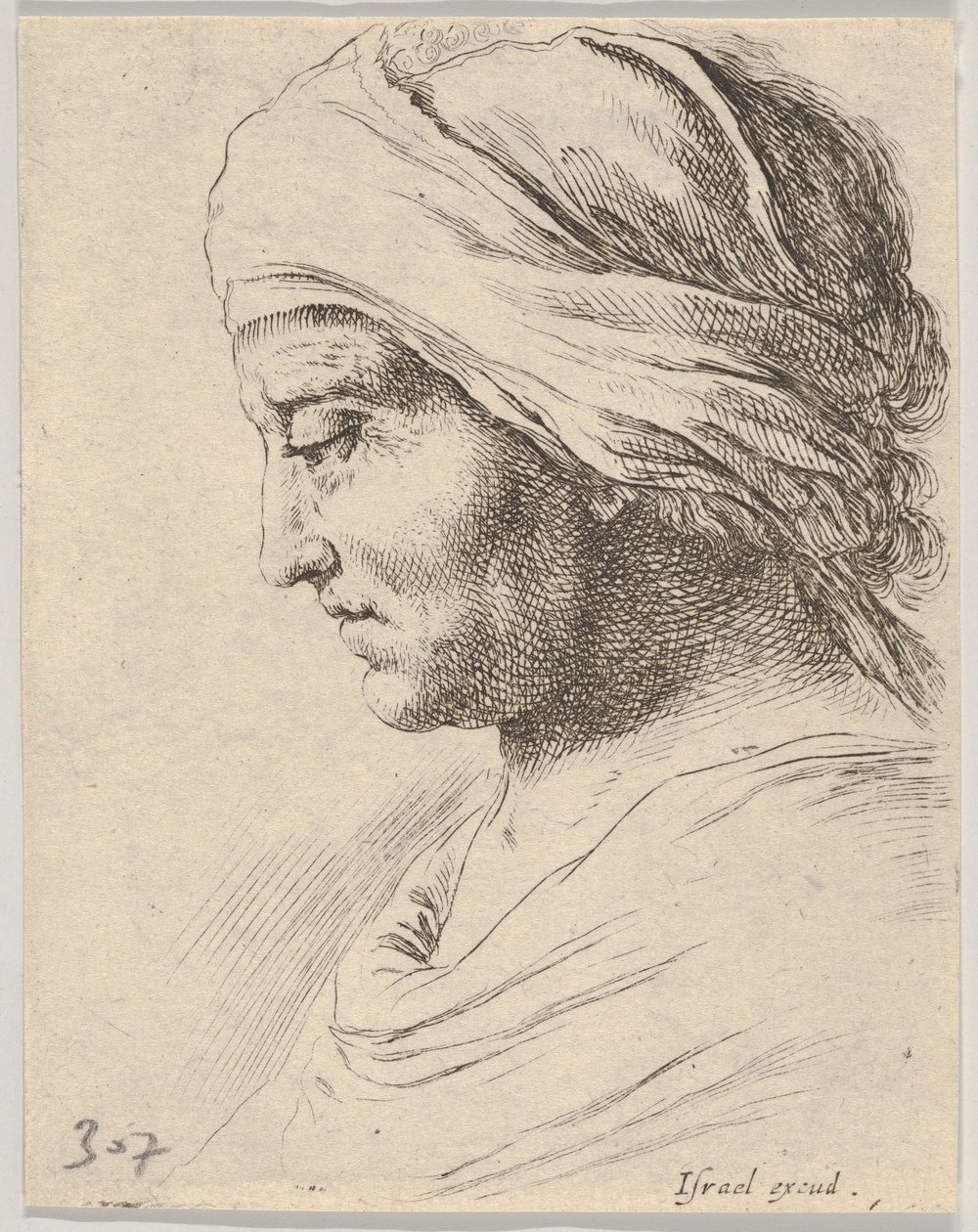 Deska 16: hlava starého muže z profilu s látkou uvázanou kolem hlavy, z B..., ca. 1649. od Stefano della Bella