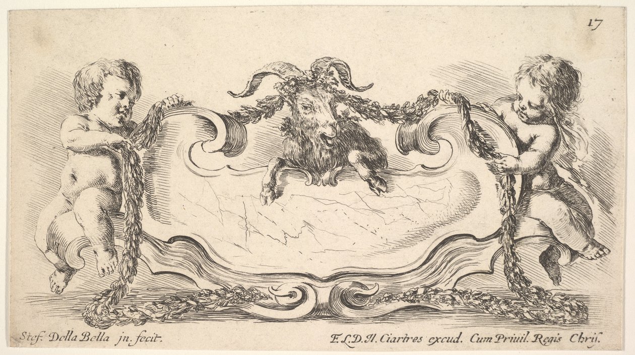 Deska 17: kartuše s mramorovým středem, dítě po obou stranách držící girlandu ove..., 1646. od Stefano della Bella