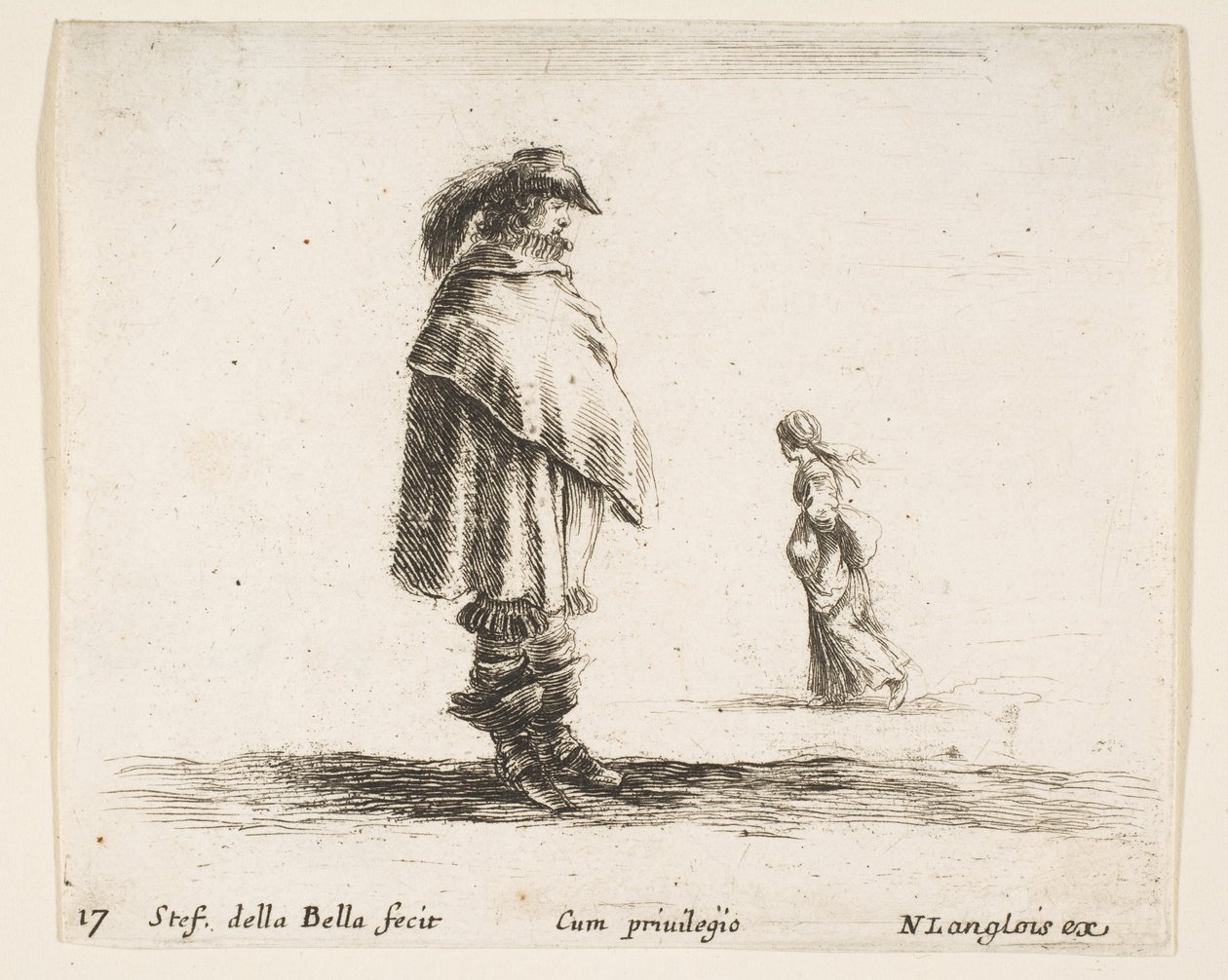 Talíř 17: muž s opeřeným kloboukem uprostřed tváří vpravo, žena jdoucí směrem k..., ca. 1644-47. od Stefano della Bella