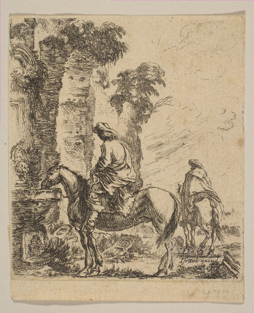 Talíř 19: Krajina s kavalírem napájejícím koně u fontány, z různých fi..., ca. 1646. od Stefano della Bella
