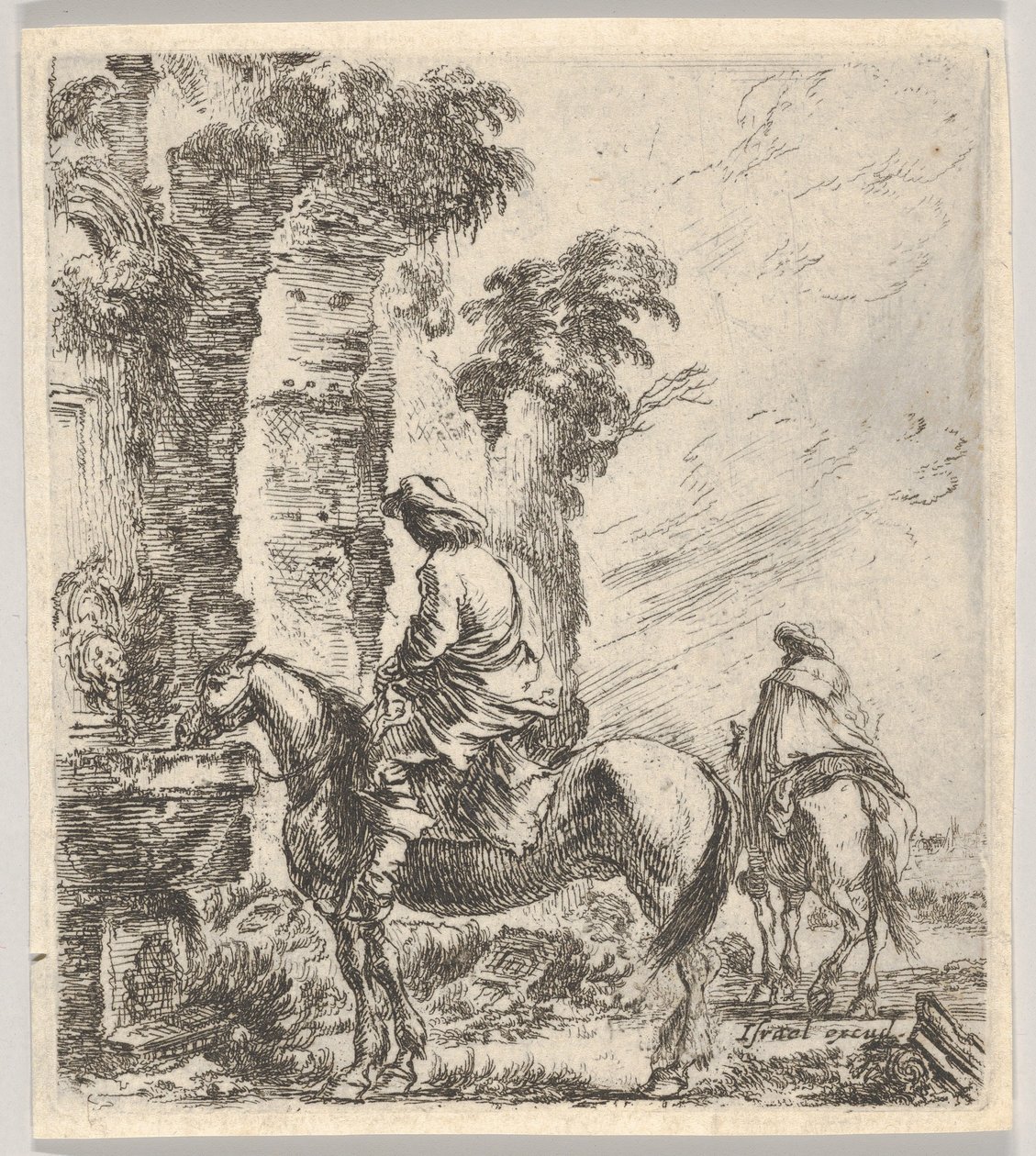 Talíř 19: jezdec, který dává svému koni pít z umyvadla fontány vlevo, další h..., ca. 1646. od Stefano della Bella