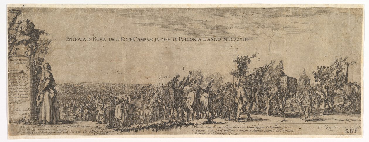 Deska 1: Vjezd polského velvyslance do Říma, erb Medicejských vlevo, 1633. od Stefano della Bella