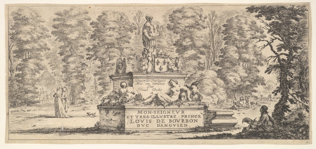 Deska 1: pomník se sochami a erbem uprostřed, kreslíř na..., ca. 1641. od Stefano della Bella