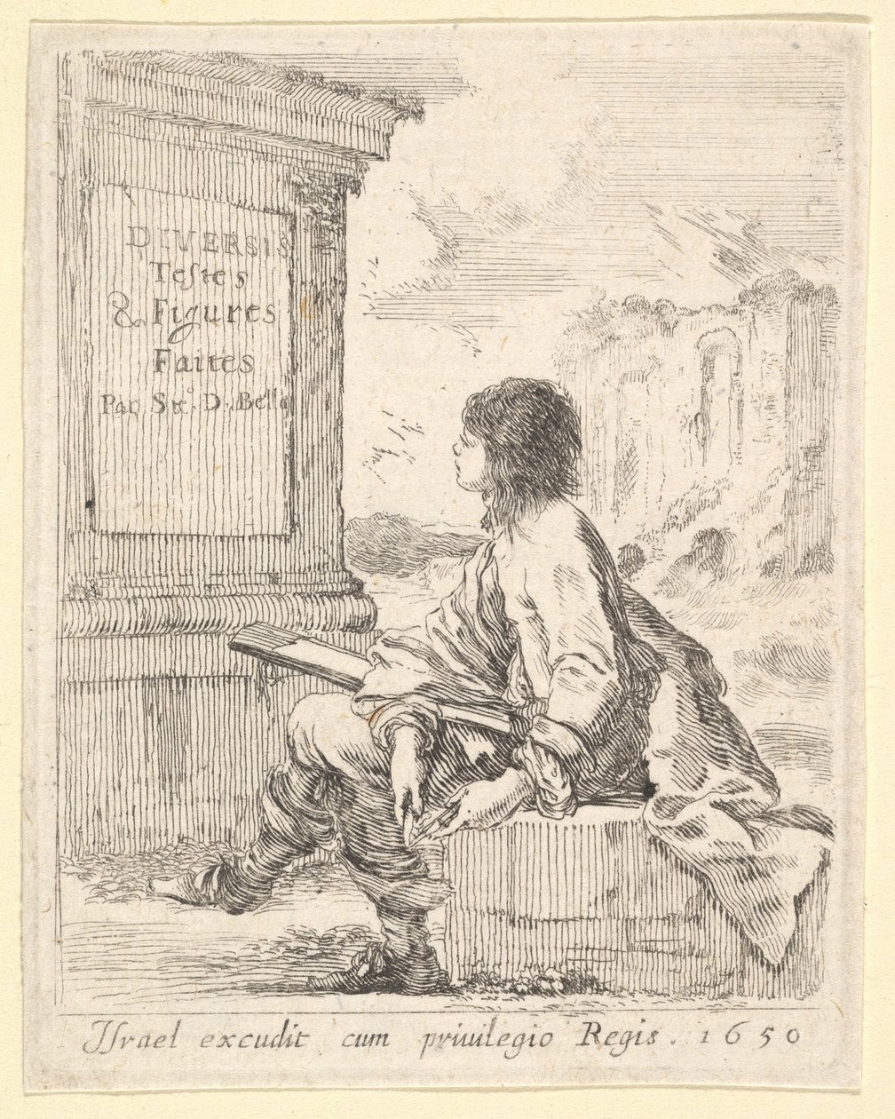 Deska 1: Mladý muž sedící na kameni, z profilu obrácený doleva, držící kreslící blok v ..., 1650. od Stefano della Bella