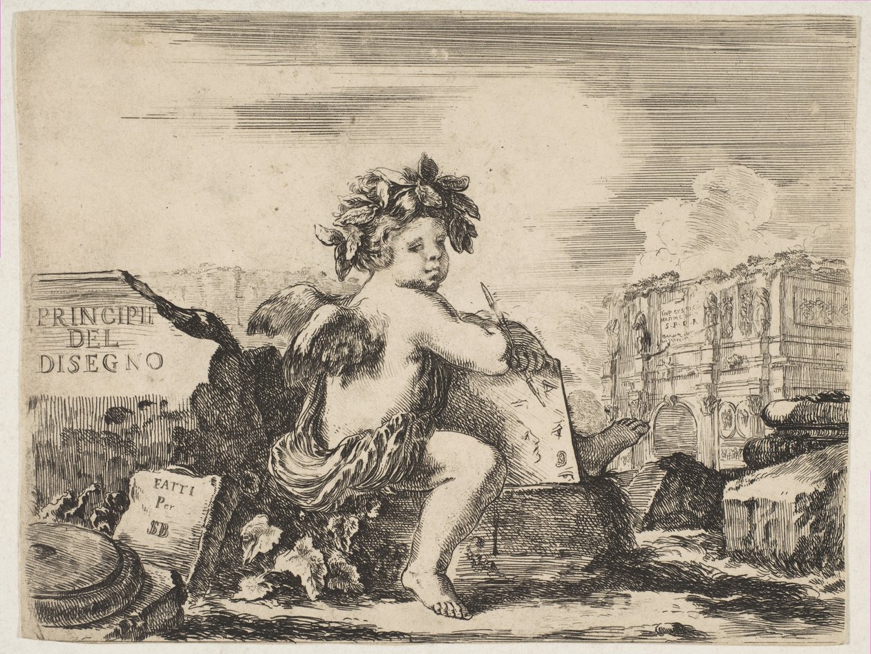 Deska 1: génius kresby, dítě s křídly, sedící na skále uprostřed otáčení..., ca. 1641-43. od Stefano della Bella