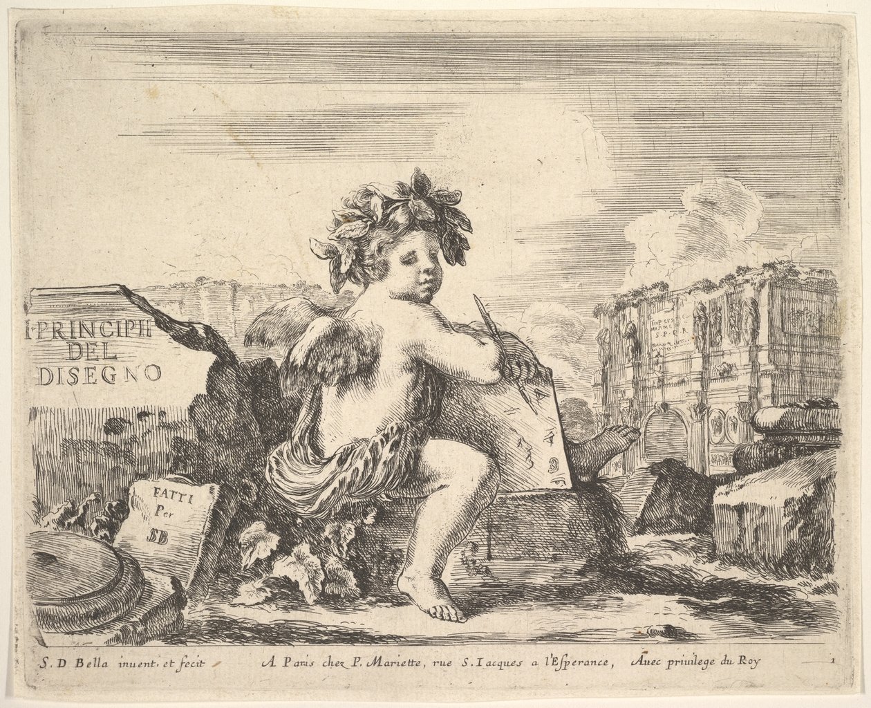 Deska 1: génius kresby, dítě s křídly, sedící na skále uprostřed otočené ..., ca. 1641. od Stefano della Bella