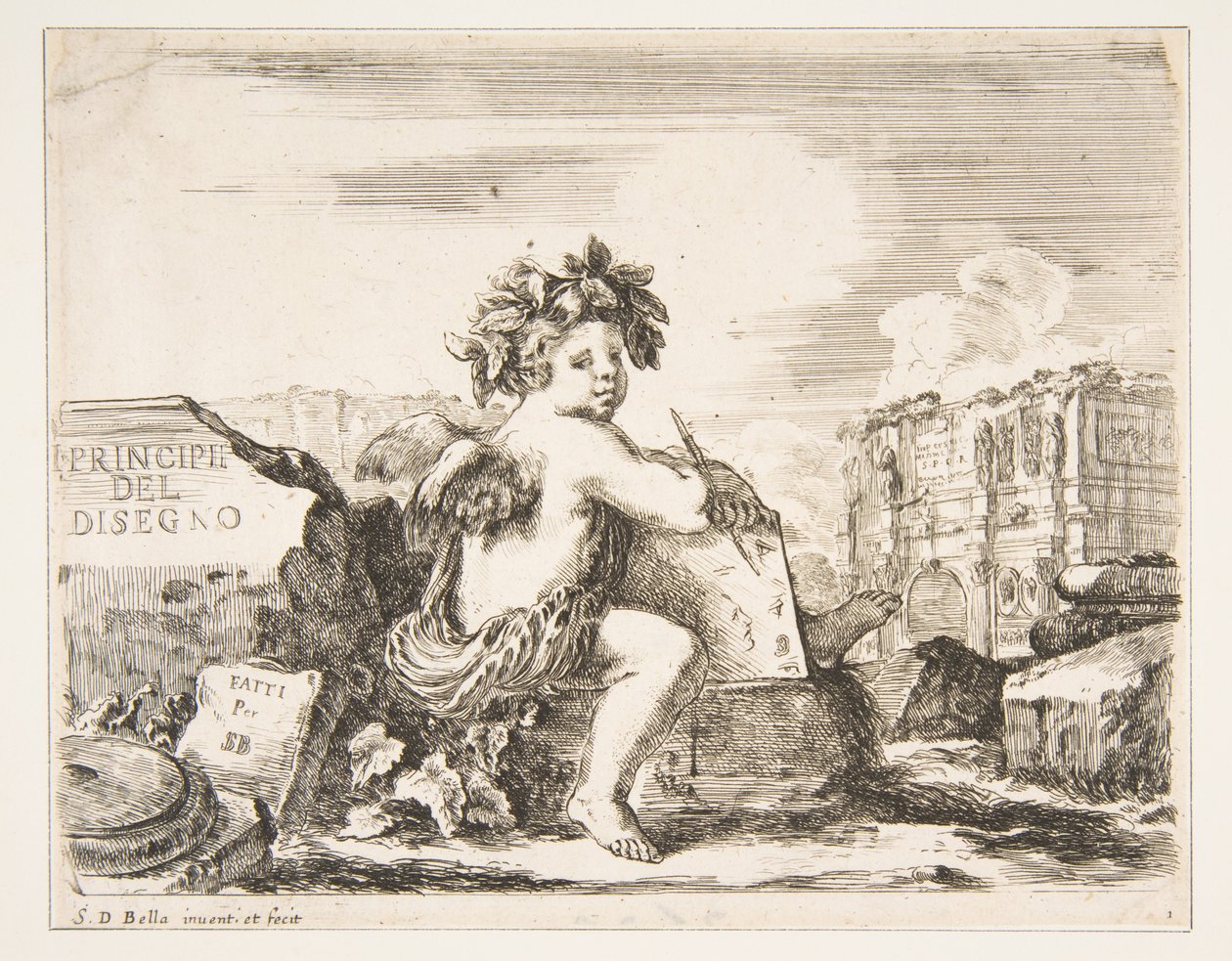 Deska 1: génius kresby, dítě s křídly, sedící na skále uprostřed otáčení..., ca. 1641-43. od Stefano della Bella