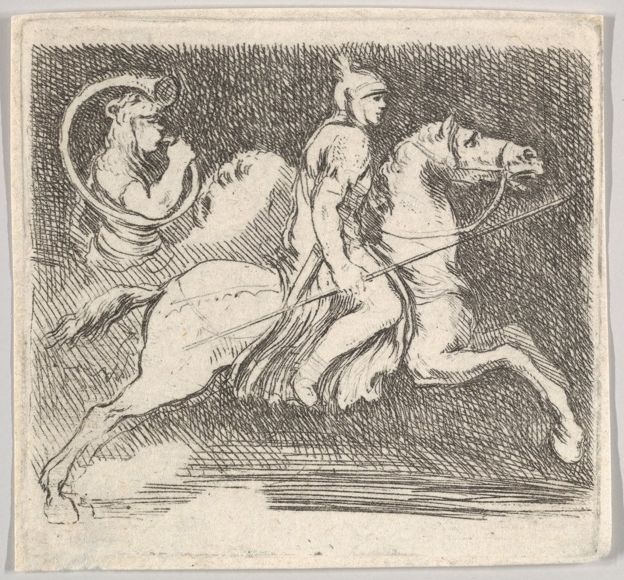 Talíř 20: voják z profilu cválající doprava držící kopí v pravé ruce..., ca. 1646. od Stefano della Bella
