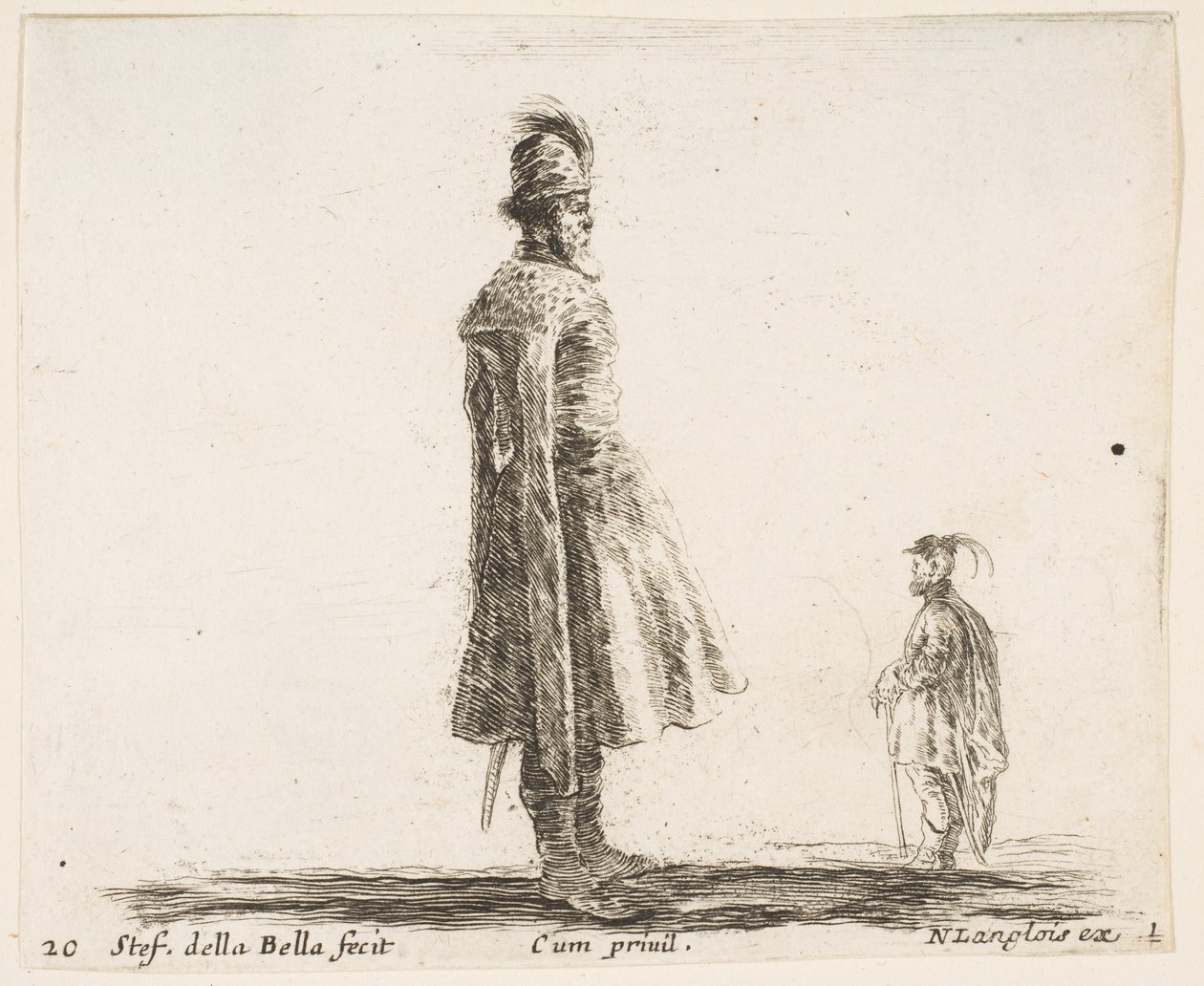 Deska 20: starý polský šlechtic s opeřeným kloboukem uprostřed, stojící z profilu..., ca. 1644-47. od Stefano della Bella