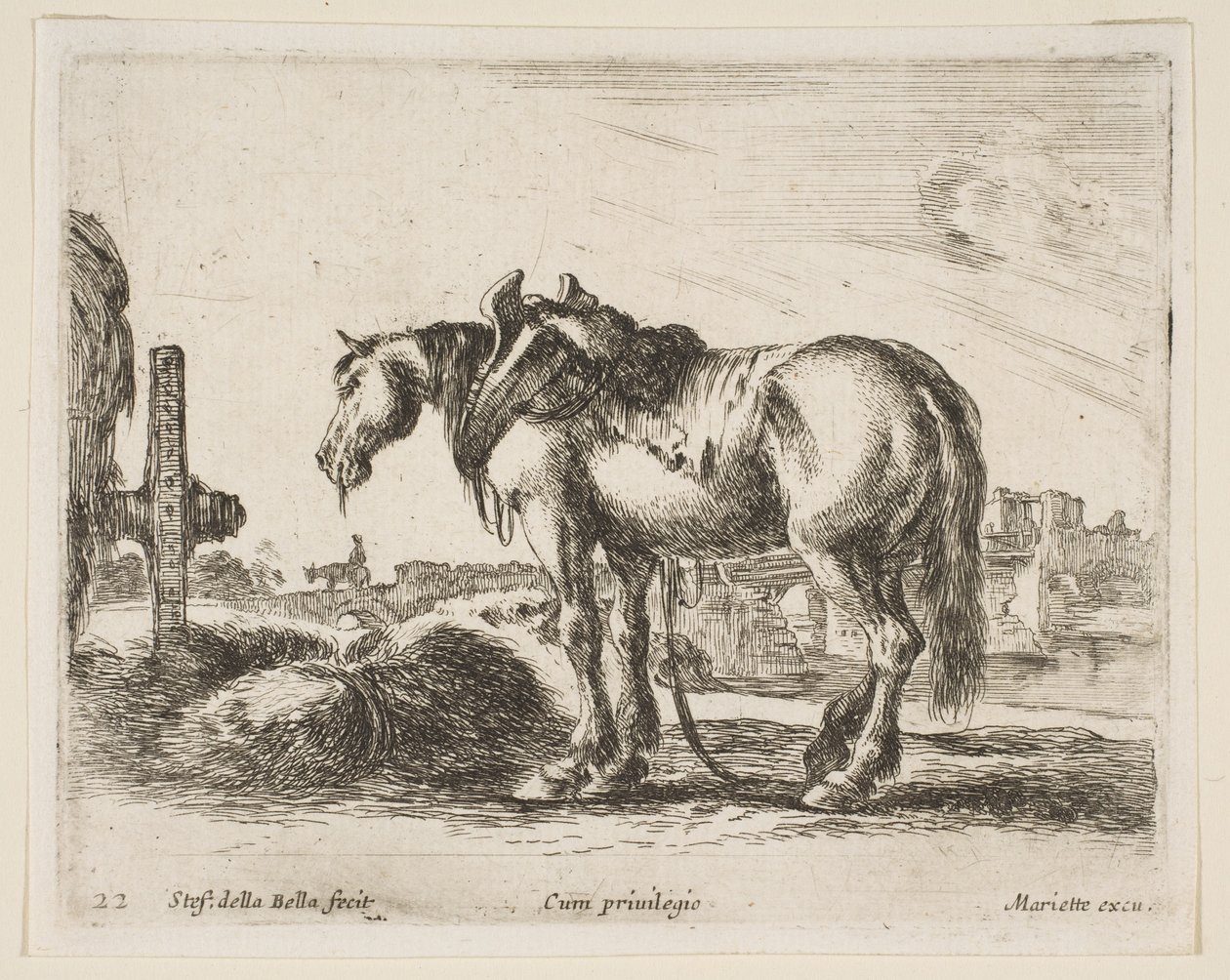 Talíř 22: vozíkový kůň, z Různá zvířata Diversi animali, ca. 1641. od Stefano della Bella