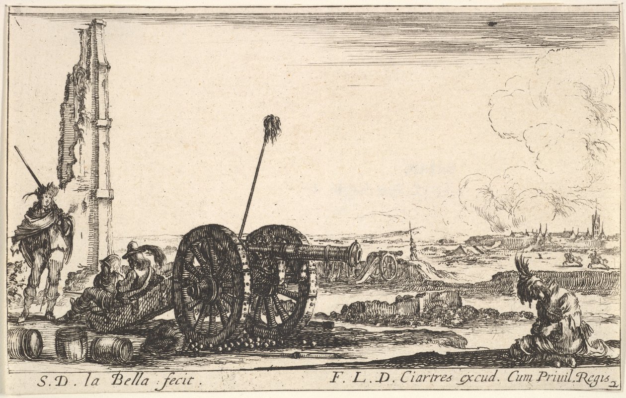 Talíř 2: Dělo nalevo, město v pozadí, z Various Military Capric..., ca. 1641. od Stefano della Bella