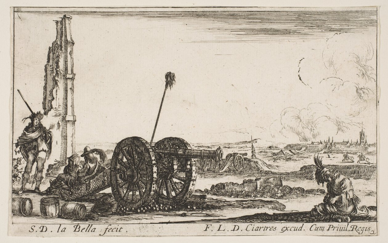 Talíř 2: Dělo nalevo, město v pozadí, z Various Military Capric..., ca. 1641. od Stefano della Bella