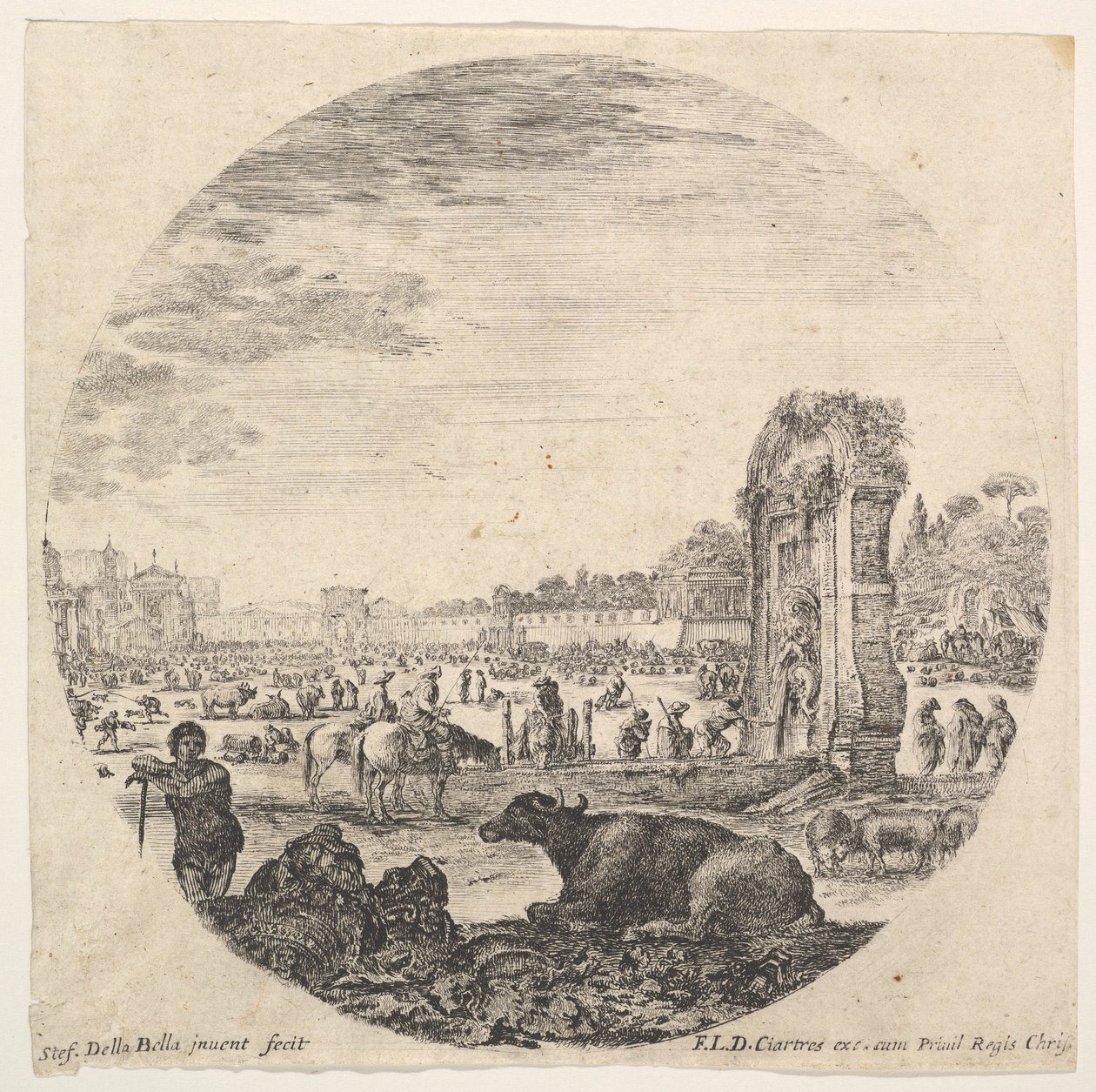Talíř 2: Campo Vaccino, buvol a dva pastýři uprostřed, Fontanone na plošinu..., ca. 1643-48. od Stefano della Bella
