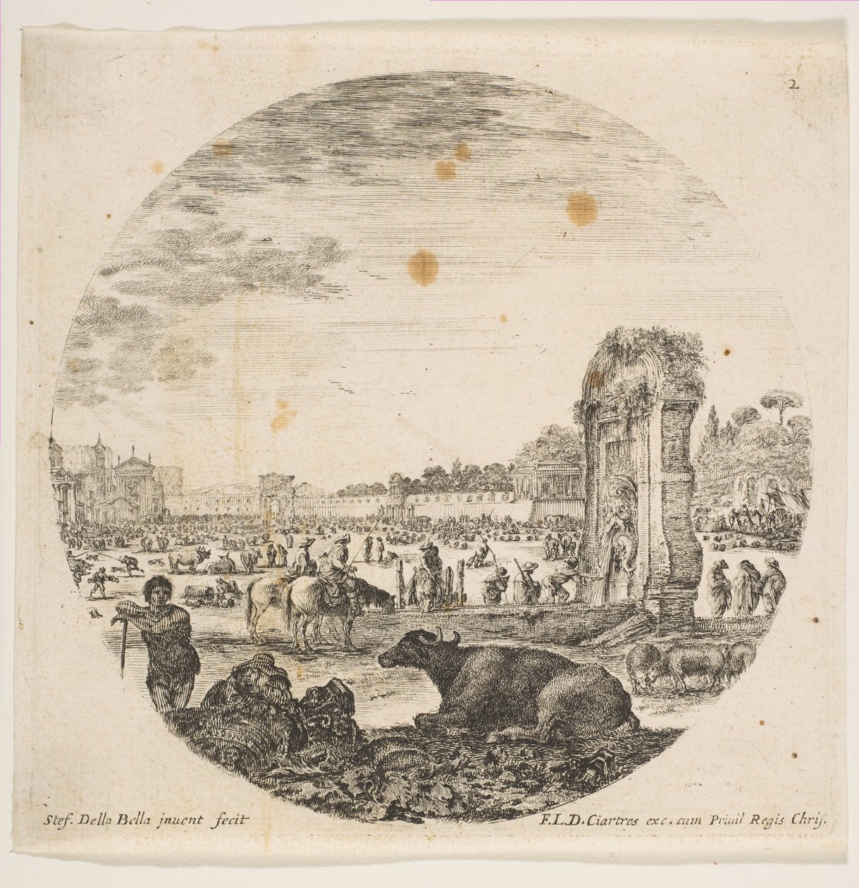 Talíř 2: Campo Vaccino, buvol a dva pastýři uprostřed, Fontanone vpravo ..., ca. 1646. od Stefano della Bella