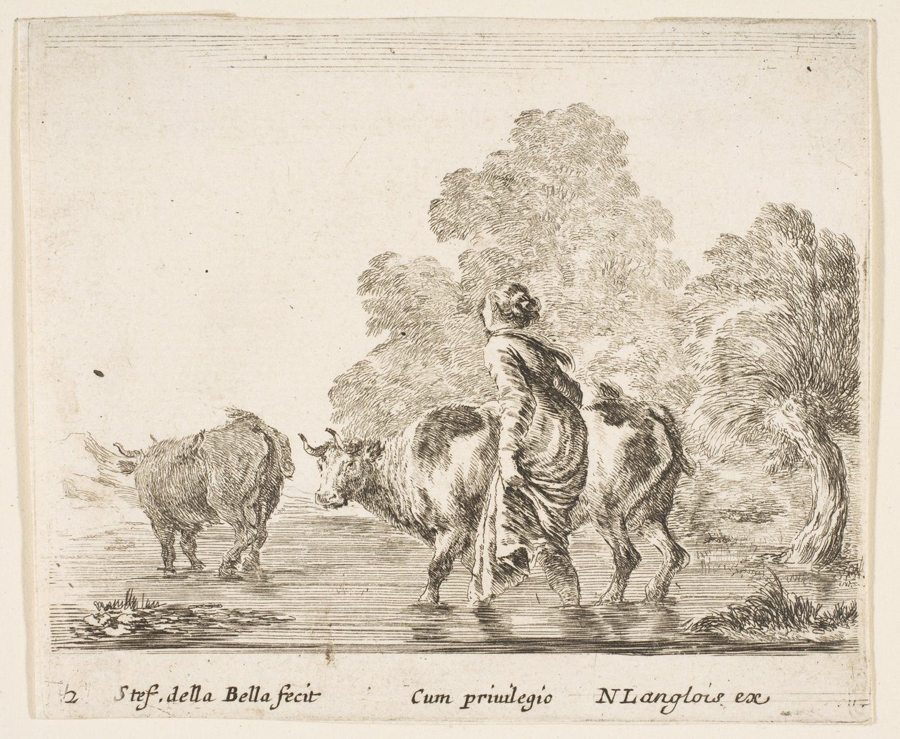 Talíř 2: selka žene dvě krávy přes potok, kráčí doleva..., ca. 1644-47. od Stefano della Bella
