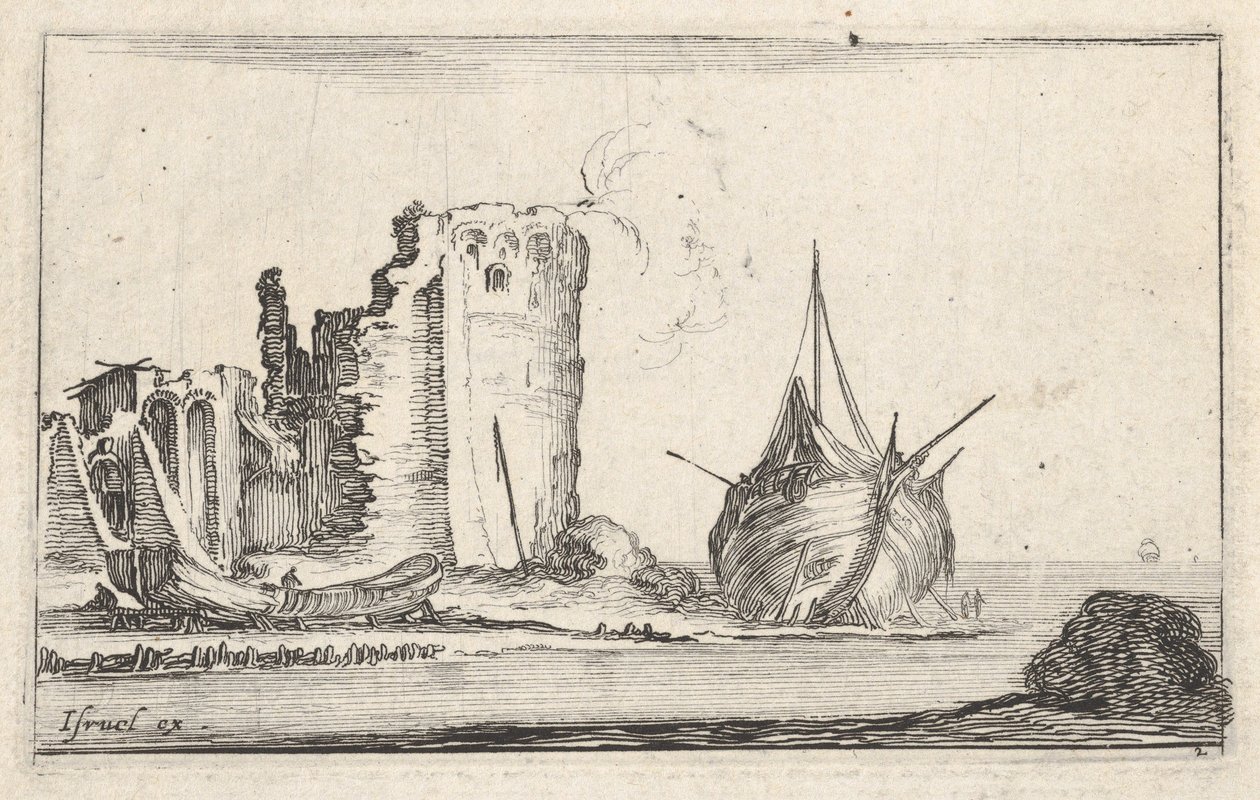 Deska 2: loď vpravo a veslice vlevo, vyplavené na břeh, věž v troskách b..., ca. 1642. od Stefano della Bella