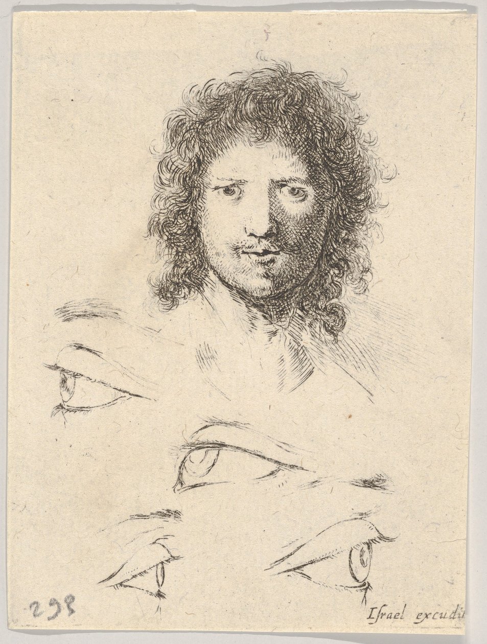 Talíř 2: nahoře hlava mladého muže, čelní pohled, dole, čtyři oči, z Th..., ca. 1649. od Stefano della Bella