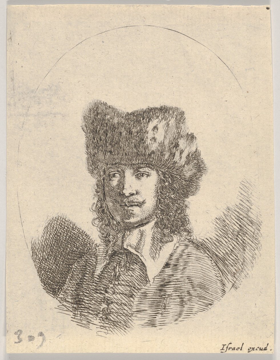 Deska 2: hlava muže s knírem a kožešinovou čepicí obrácenou doleva, oválná kompozice, z..., 1650. od Stefano della Bella